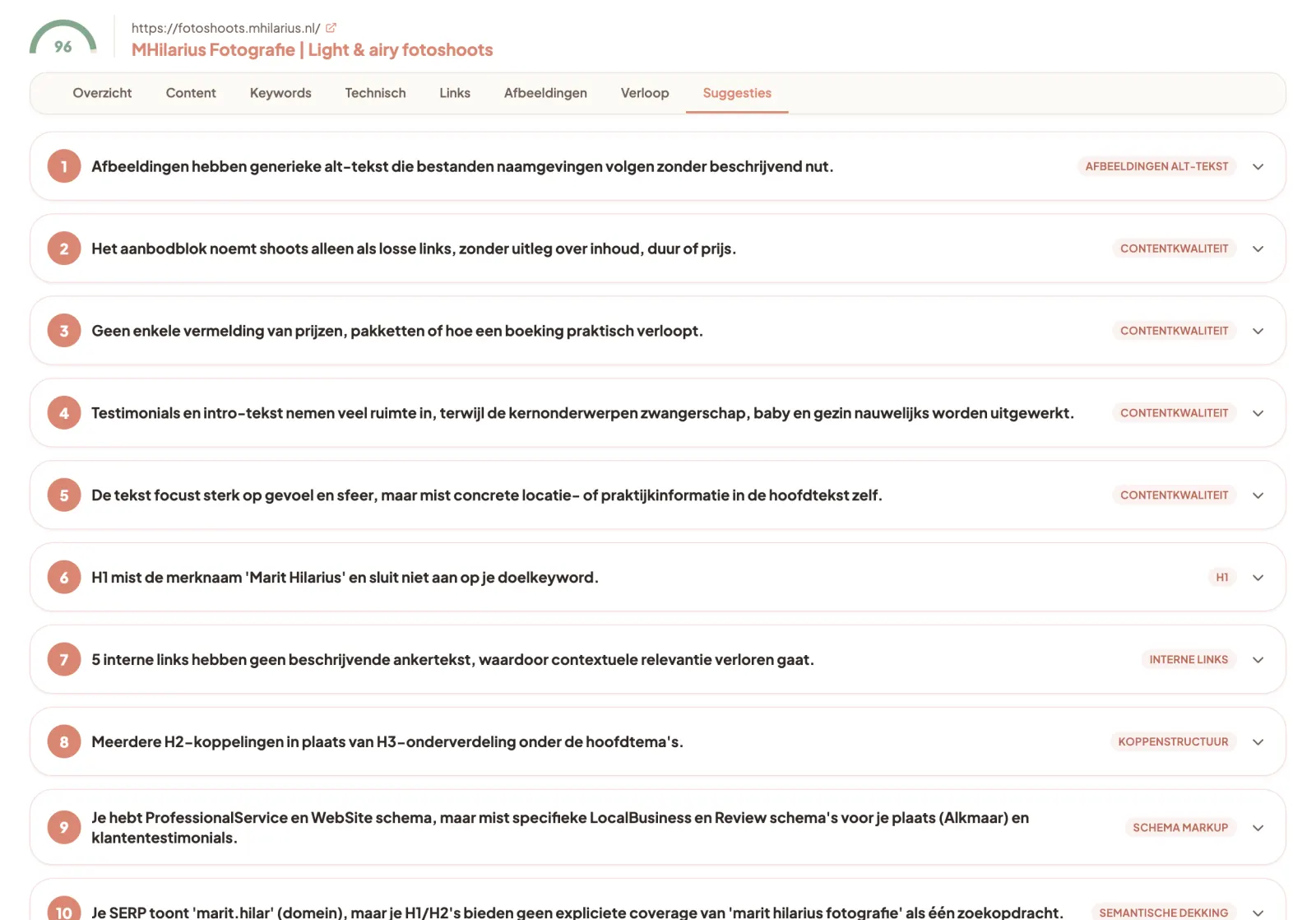 Het tabblad Suggesties met genummerde verbeterpunten voor één pagina